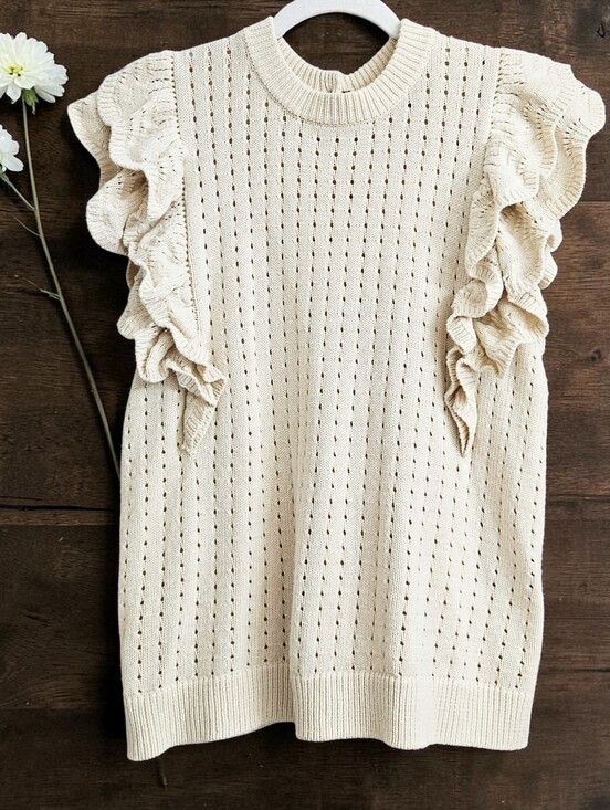 Who What Wear Sweaters - Who What Wear Cream Eyelet Knit Ruffle Sleeve Crewneck Sweater